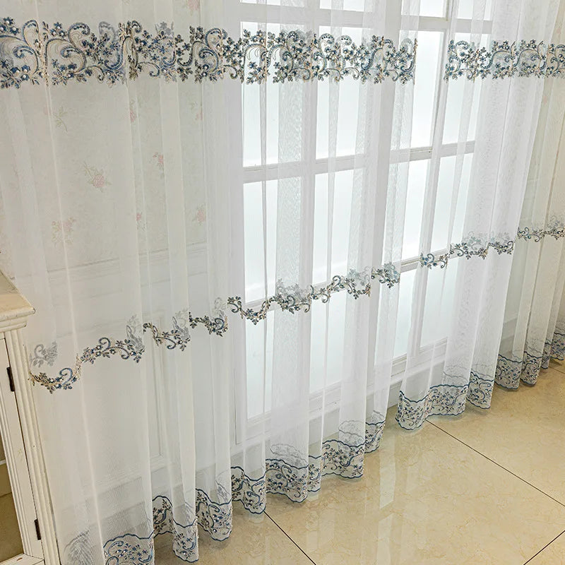 rideau blanc broderie florale transparent classique maison anneaux inclusion