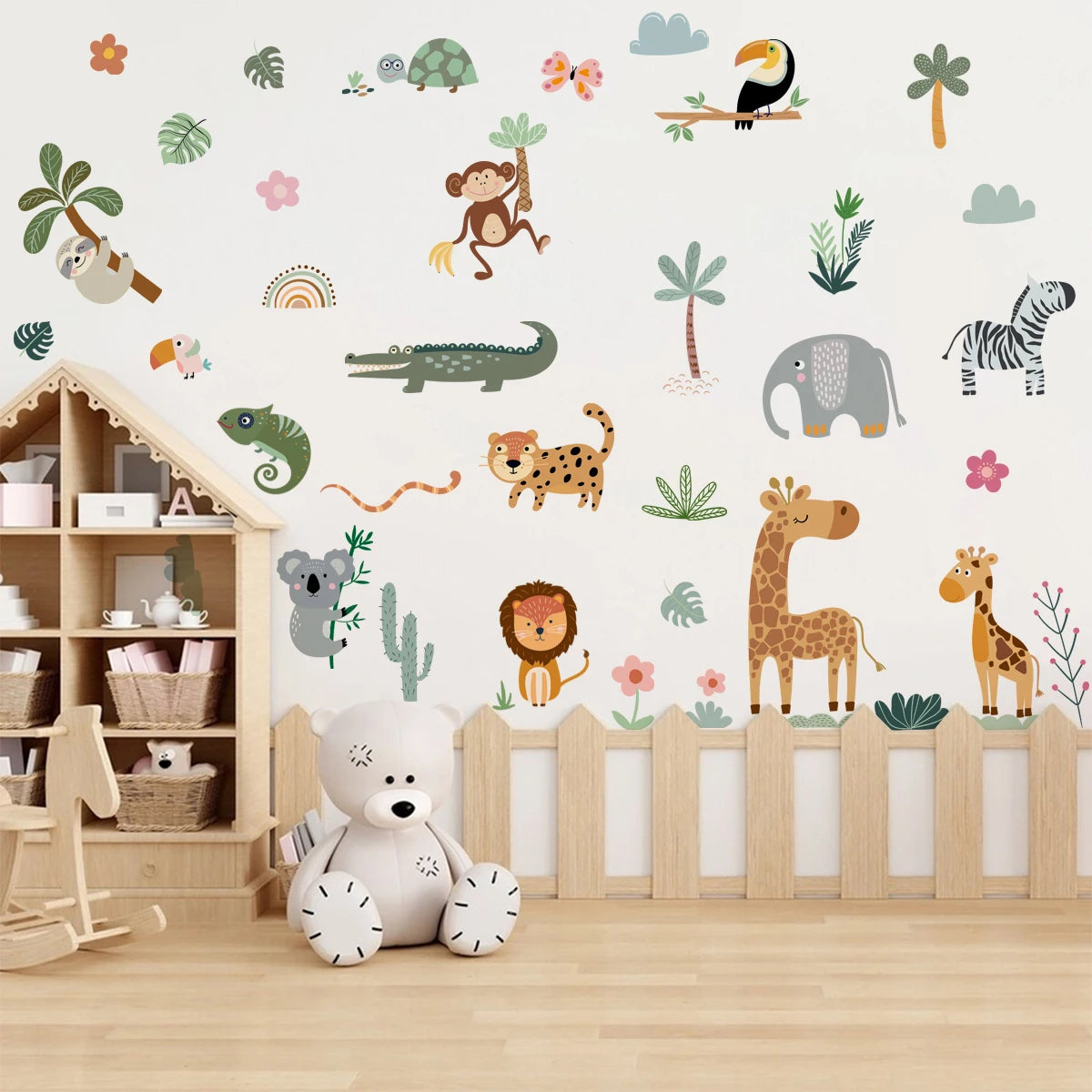 sticker mural animaux dessin animé jungle girafe zèbre léopard éléphant oiseaux plantes chambre enfant
