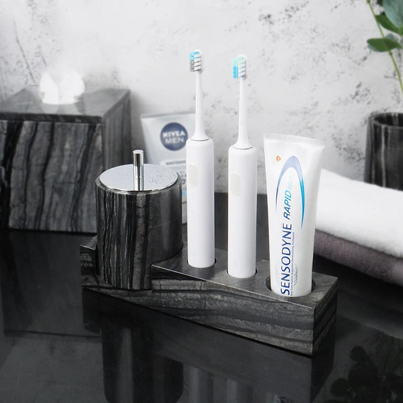 ensemble accessoires salle bain marbre noir rangement brosse dents dentifrice moderne luxe