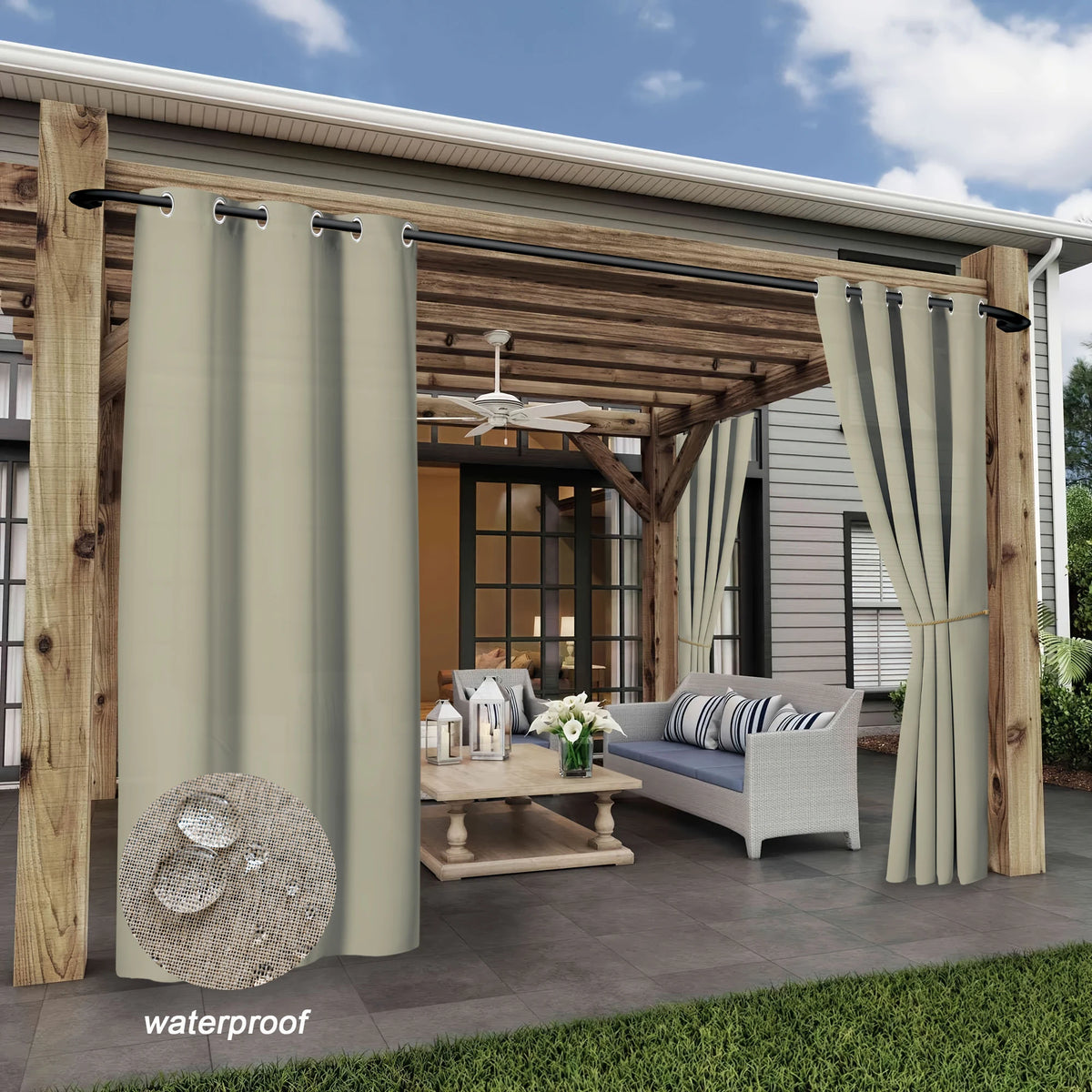 rideau extérieur imperméable blackout beige gris patio moderne texturé polyester