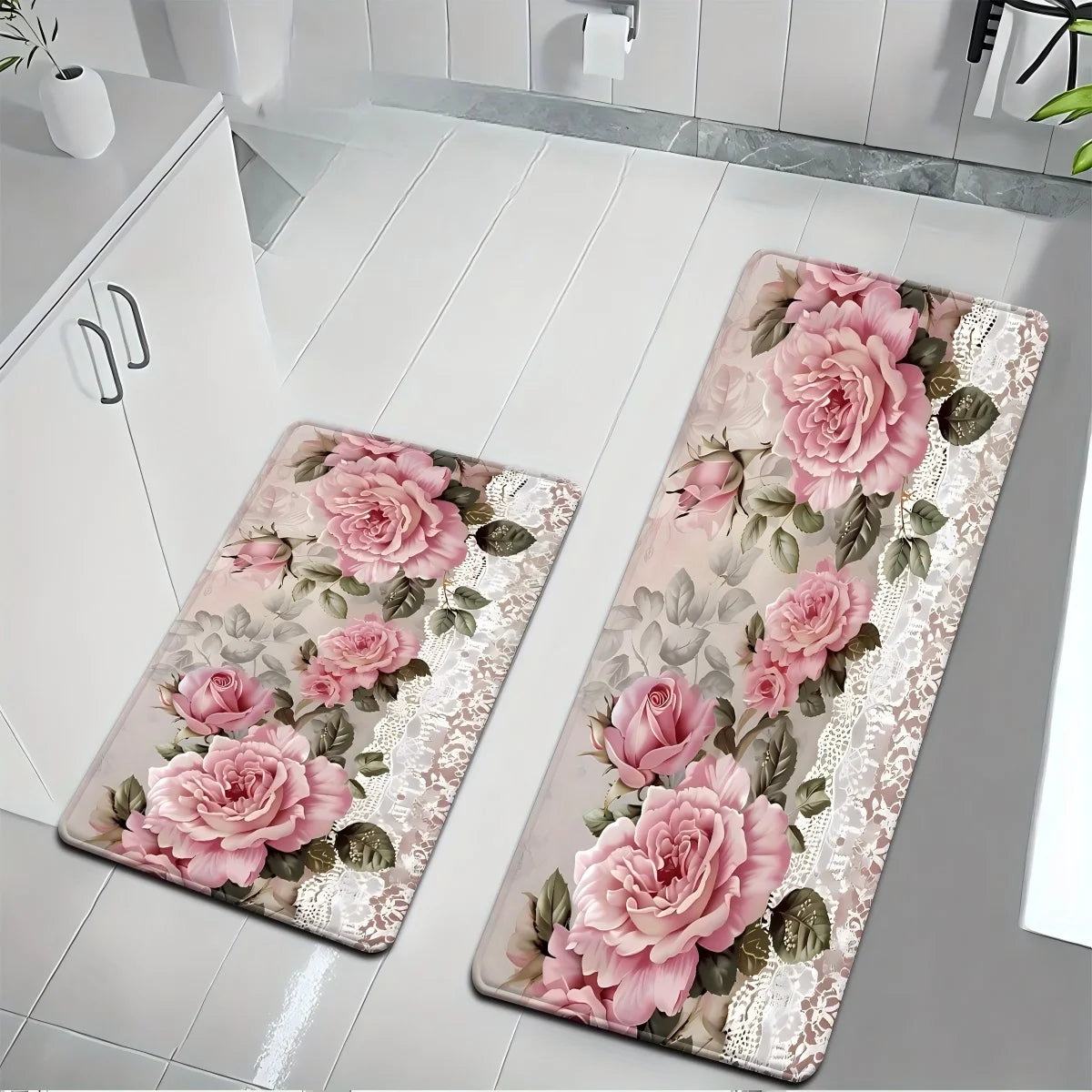 tapis bain rose motifs floraux dentelle antidérapant shabby chic floral duveteuxsetSize