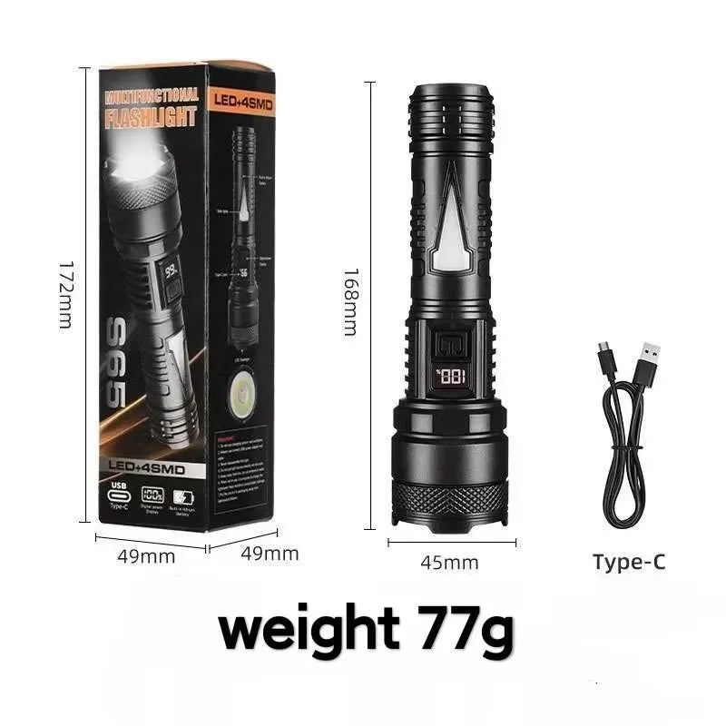 lampe torche rechargeable led portable texteure noire moderne robuste port charge type cable usb