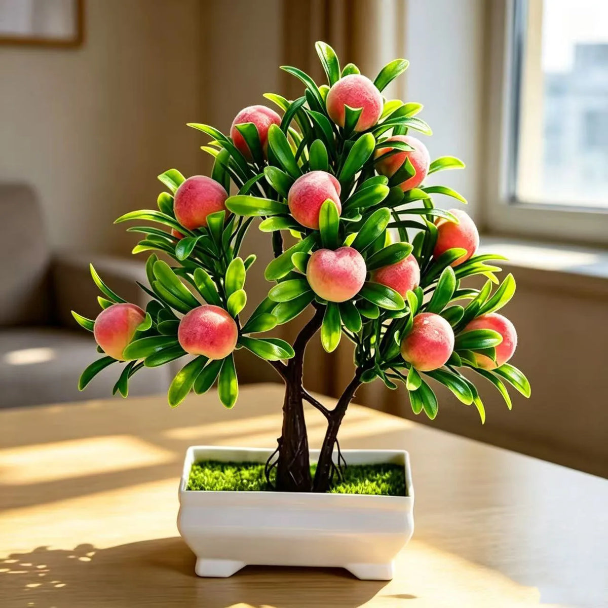 décoration intérieure arbre artificiel bonsaï pot blanc feuilles vertes fruits rouges tronc brun
