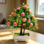décoration intérieure arbre artificiel bonsaï pot blanc feuilles vertes fruits rouges tronc brun