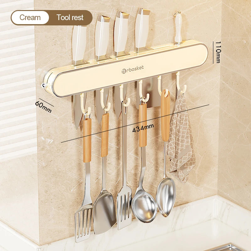 porte couteaux mural adhésif gris métallique couteaux cuillère fourchette serviette racleur éponge brosse dents
