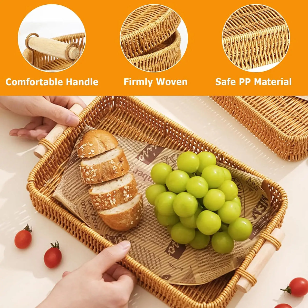 plateau osier tressé poignées bois clair fruits biscuits gâteau pain tomates cerises bougies diffuseur