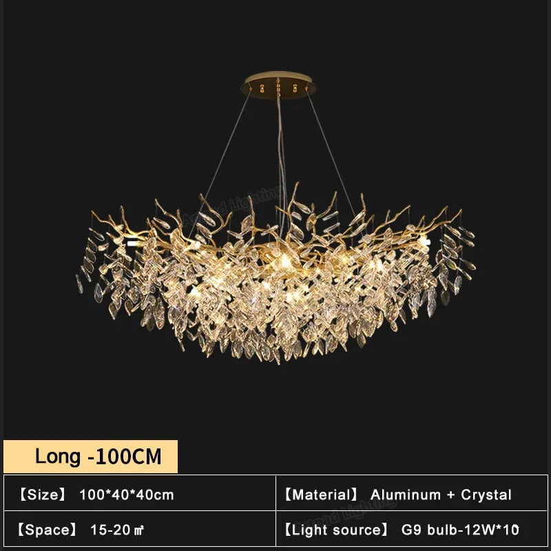 Suspension lumineuse contemporaine transparente dorée branches feuilles LED 100cm