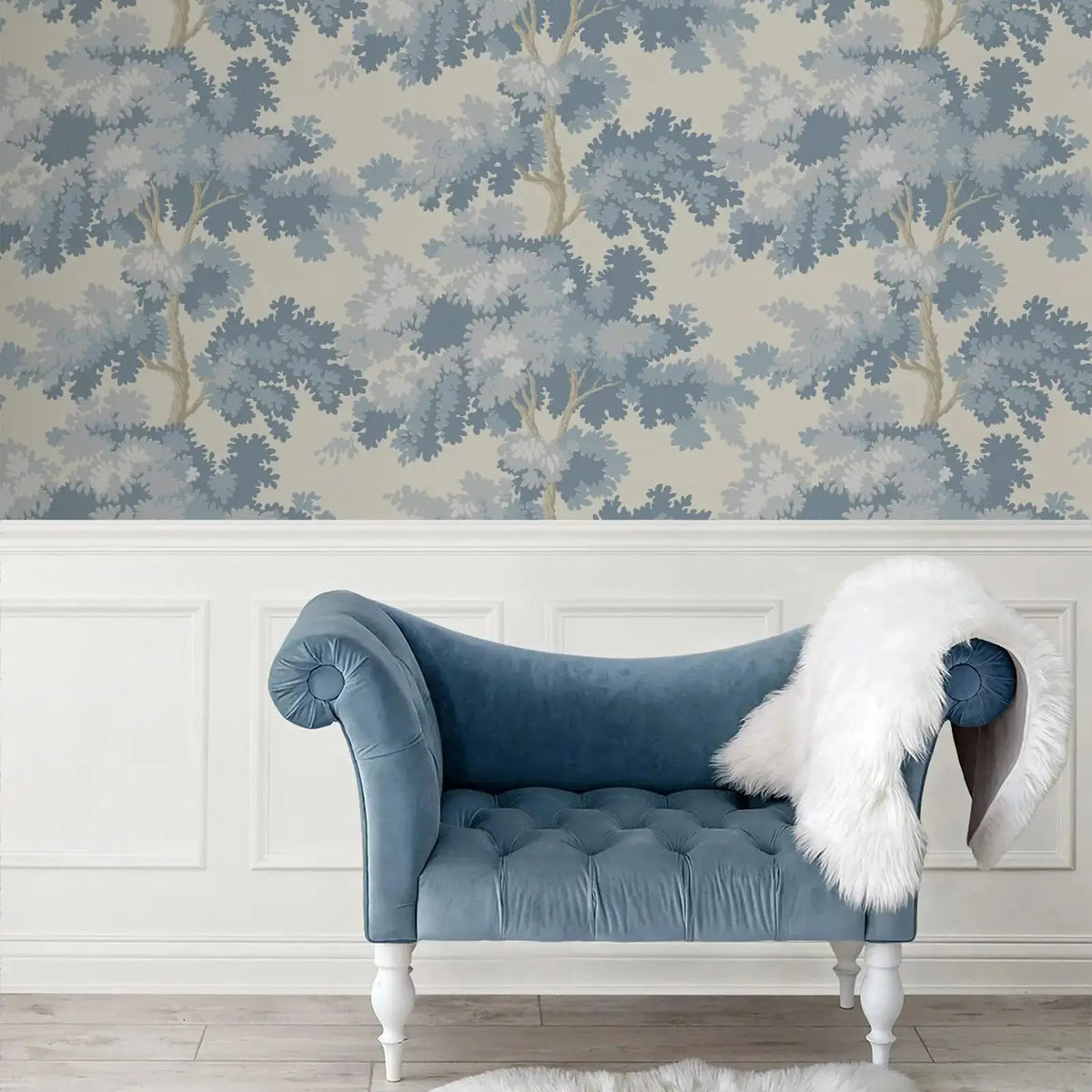 papier peint arbre stylisé forêt brumeuse bleu clair moderne respectueux environnement résistant humidité absorption
