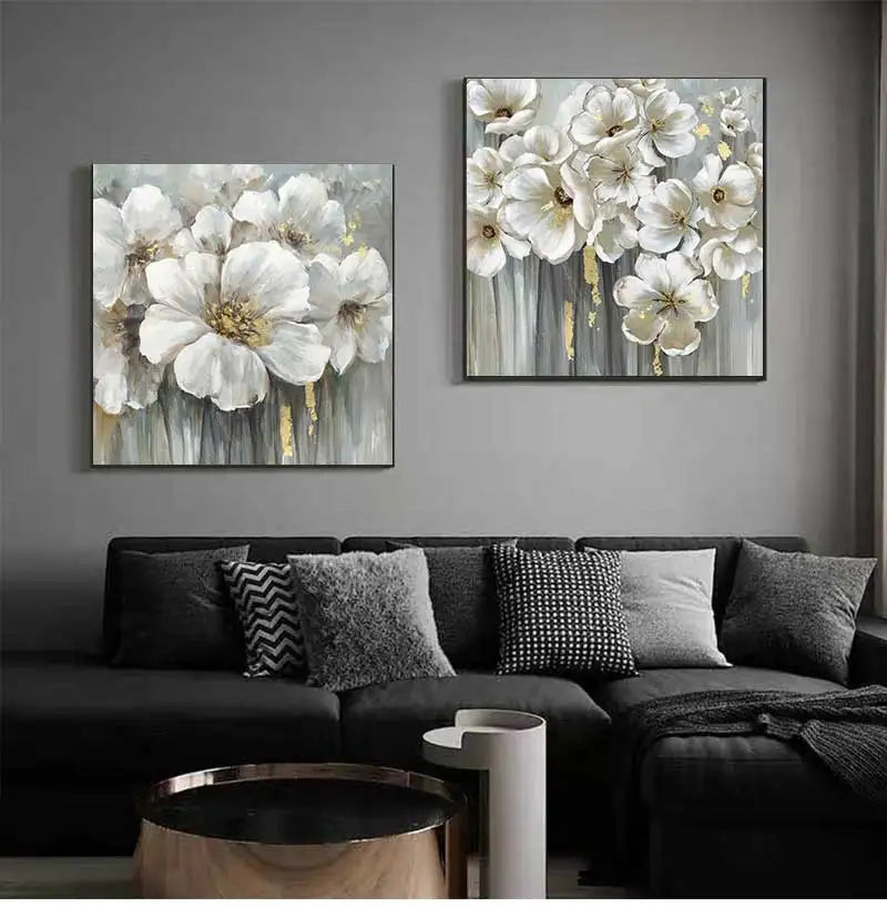peinture contemporaine fleurs blanches toile acrylique blanc gris doré minimaliste sans cadre 20x20cm 30x30cm