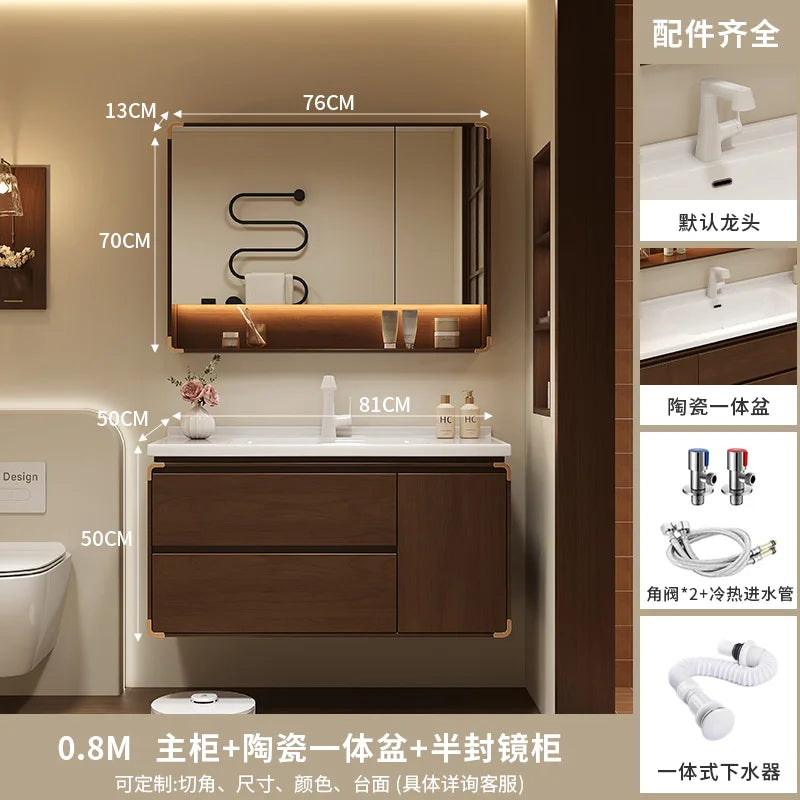 meuble salle bain moderne miroir étagère rangement blanc marron bois naturel