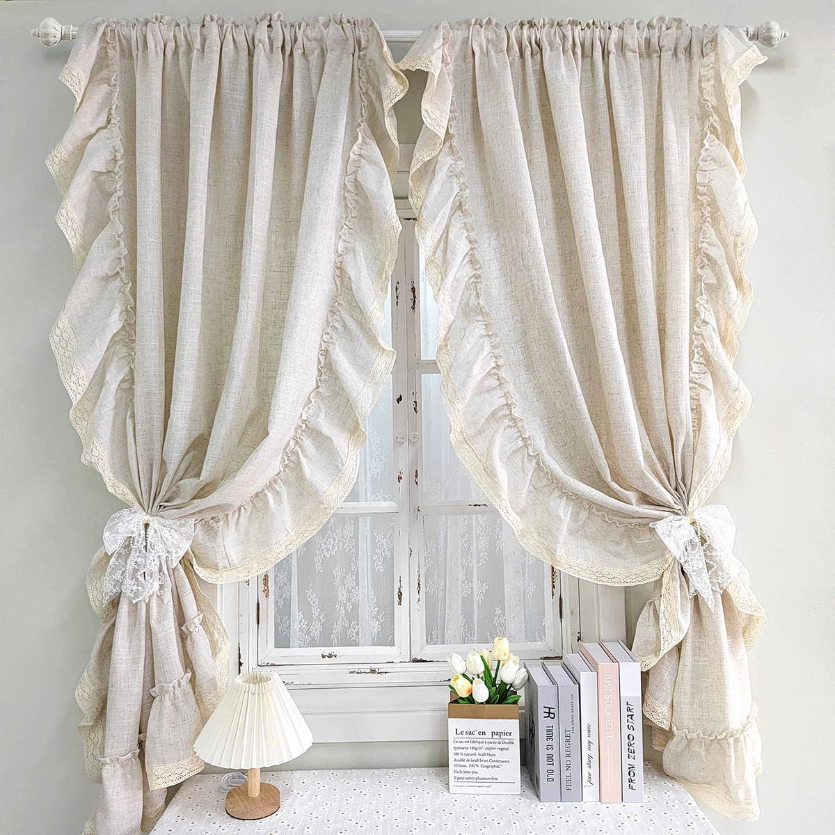 rideau vintage beige clair texture lin fleurs japonais coréen fronces décoratives maison
