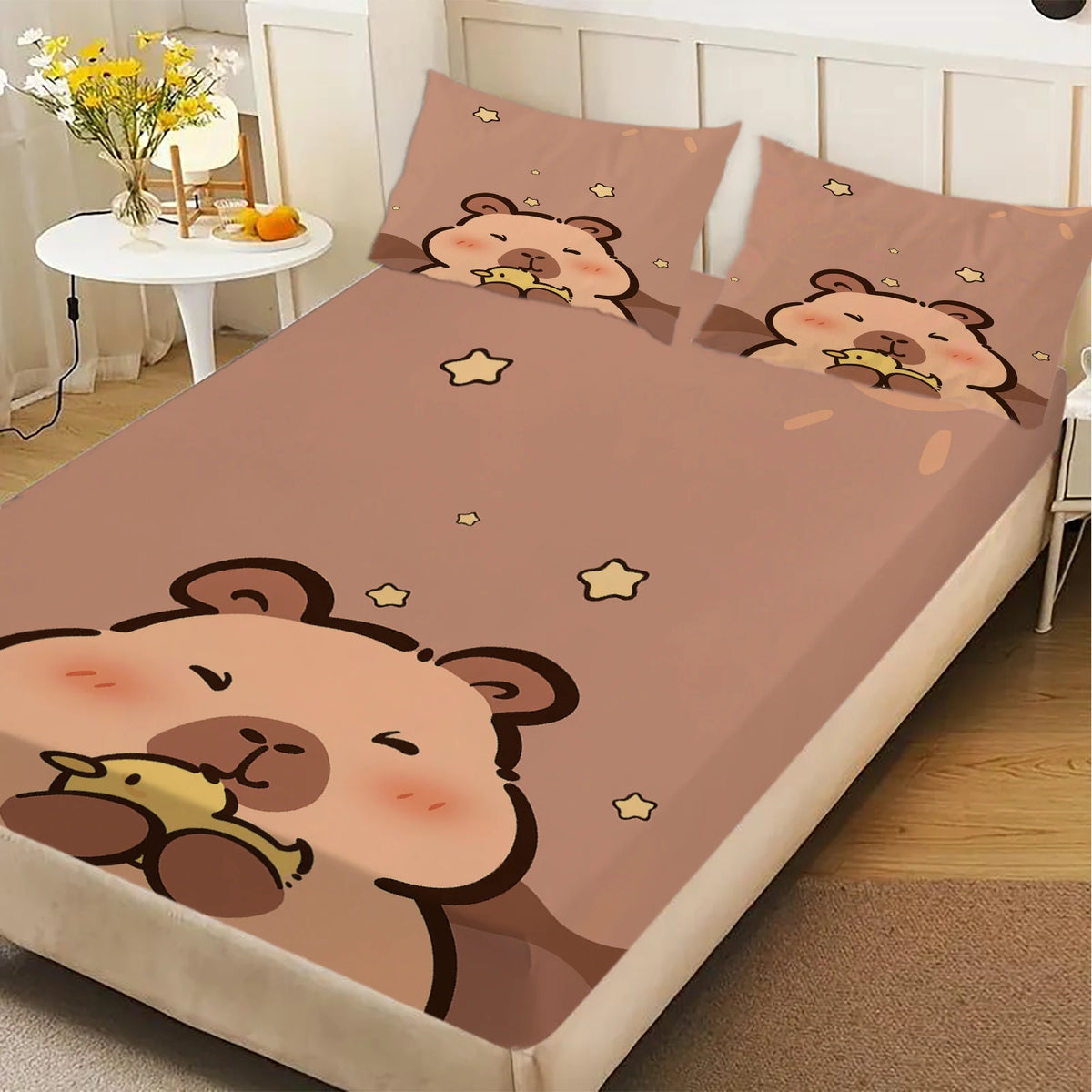 drap housse capybara ours mignon dessin animé marron clair lit twin full queen king