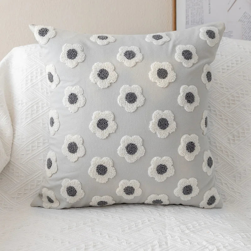 housse coussin brodée fleurs blanches jaunes coton polyester 30x50cm zip open décorative salon voiture