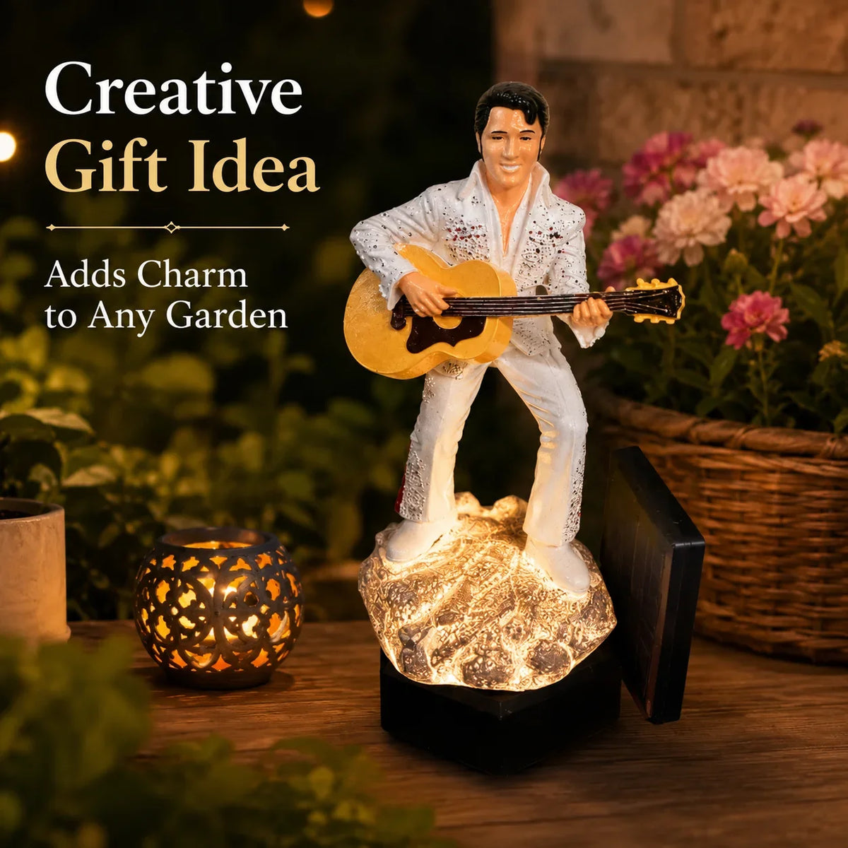statue jardin musicien résine blanc doré rock roll base noire guitare patio extérieur decoration