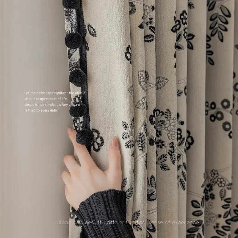 rideau moderne beige noir motif fleurs feuilles opaque salon chambre salon élégant tissu polyester