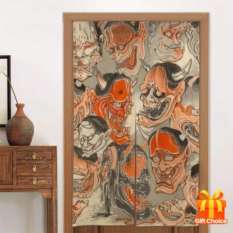 rideau orange fantastique démoniaque visages effrayants art traditionnel japonais intimité cuisine salle bain