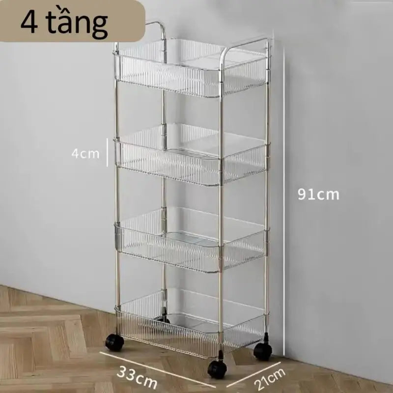 chariot roulettes transparent moderne compartiments striés rangement cosmétiques objets divers