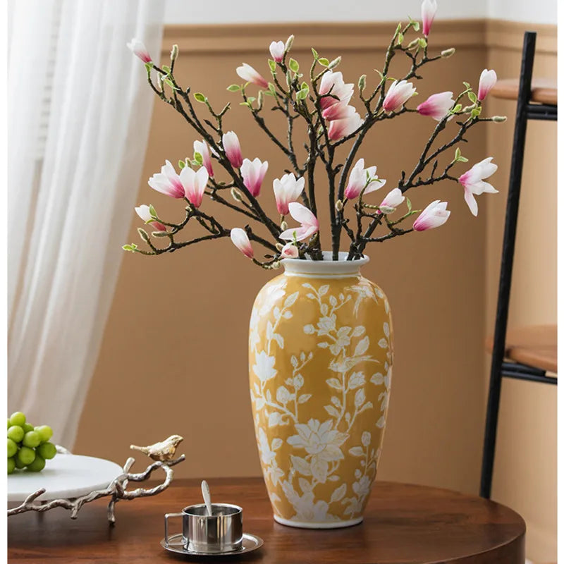 vase table céramique moderne jaune blanc fleurs hydroponique artisanal ornement classique