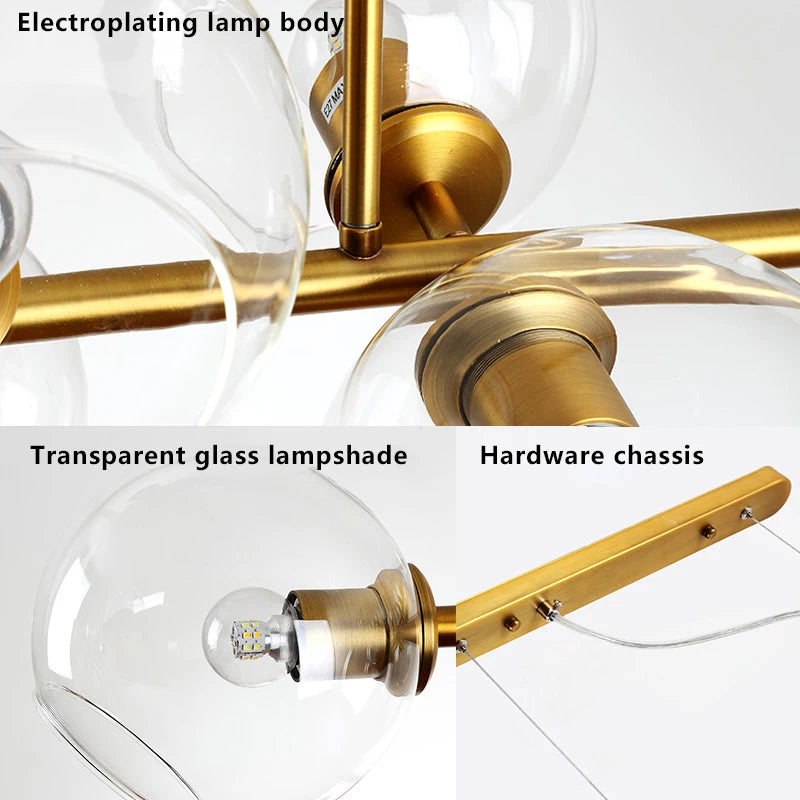 Suspension lumineuse nordique or noir boules transparentes ampoules LED 10m²