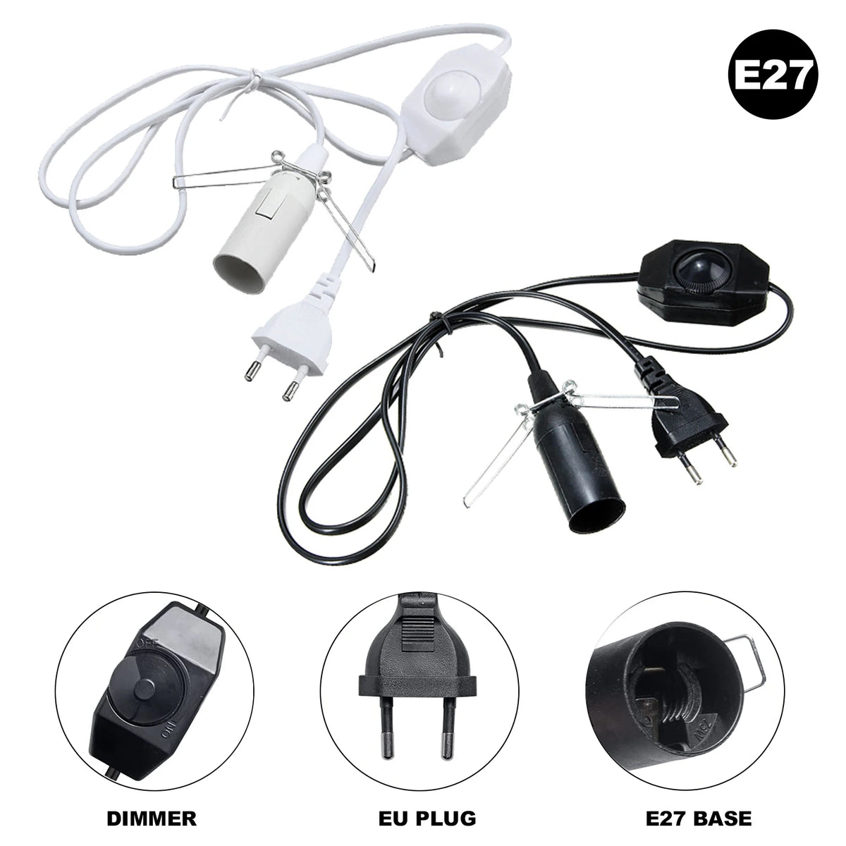 câble électrique vintage ampoule e14 e27 noir blanc douille socket interrupteur variateur 1mètre