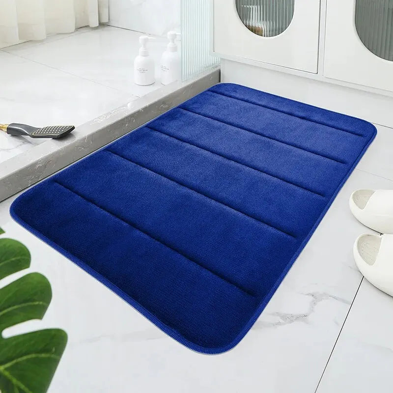 tapis bain moderne bleu foncé gris motifs géométriques doux absorbant antidérapant respectueux environnement