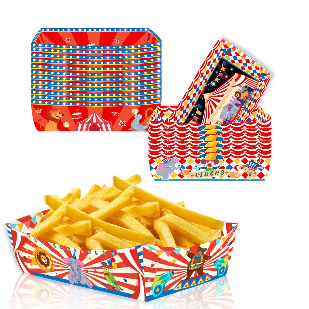 plateaux repas fête anniversaire enfants boîtes papier rouge blanc bleu vert jaune motifs cirque