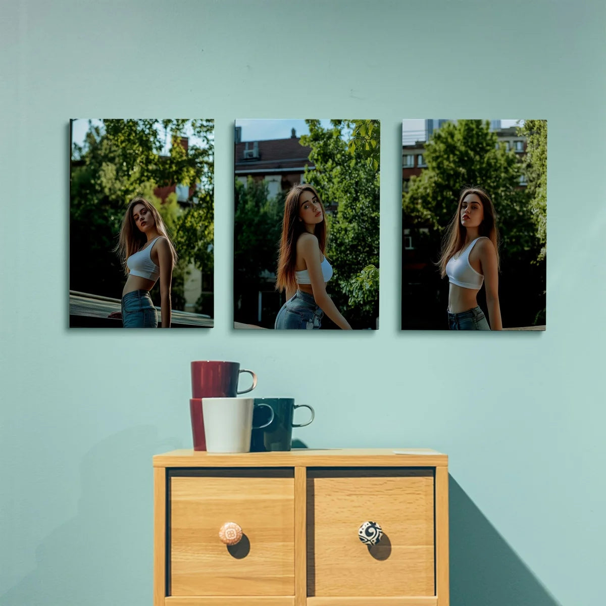 toiles d'art moderne portrait femme blanc bleu vert occasion fête noël anniversaire frameless(canvas)