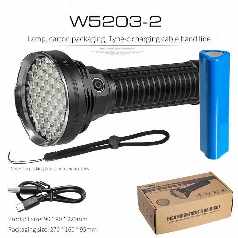 torche led rechargeable 50w intense 500m lumiere blanche noire robuste camping pêche