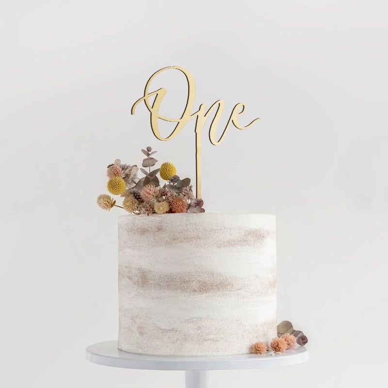 décoration gâteau bois lettre One ornement festif élégant pique anniversaire mariage baptême