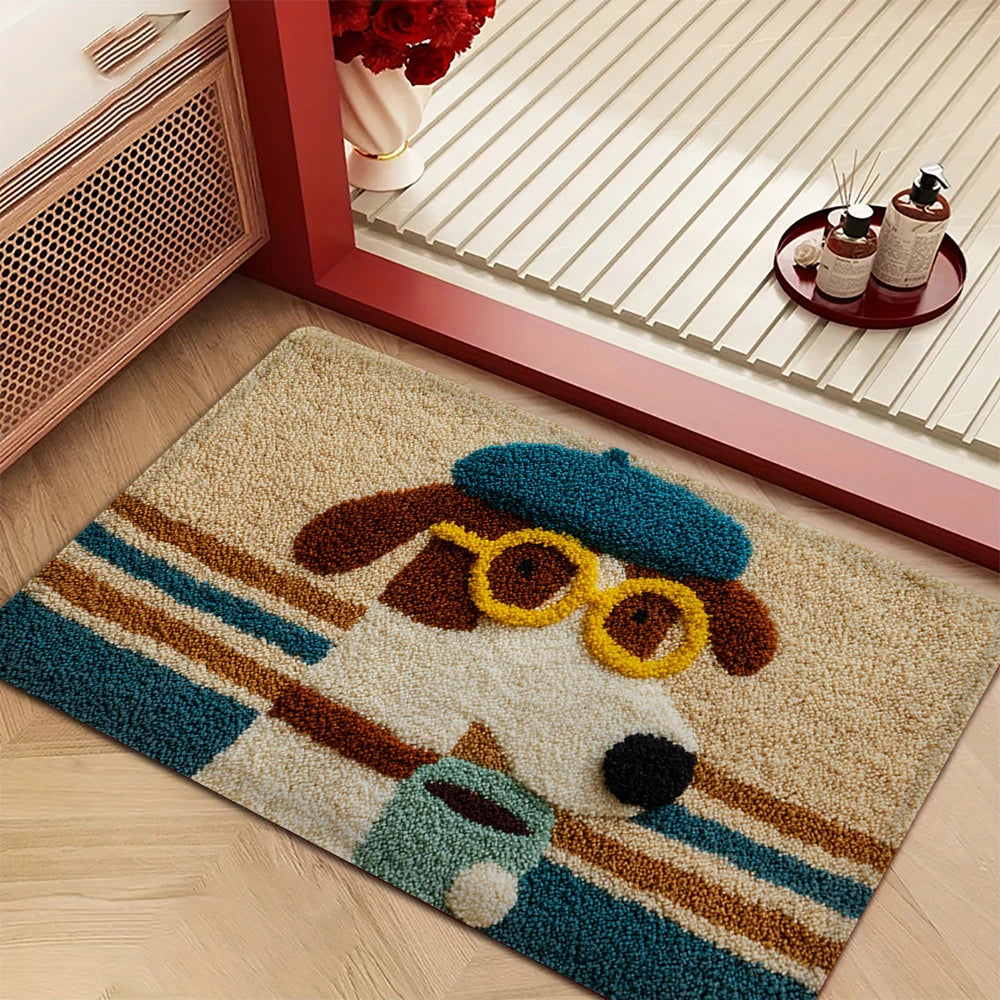 tapis cartoon antidérapant chien lunettes béret moderne salon enfant Jaune Noir Rouge Bleu