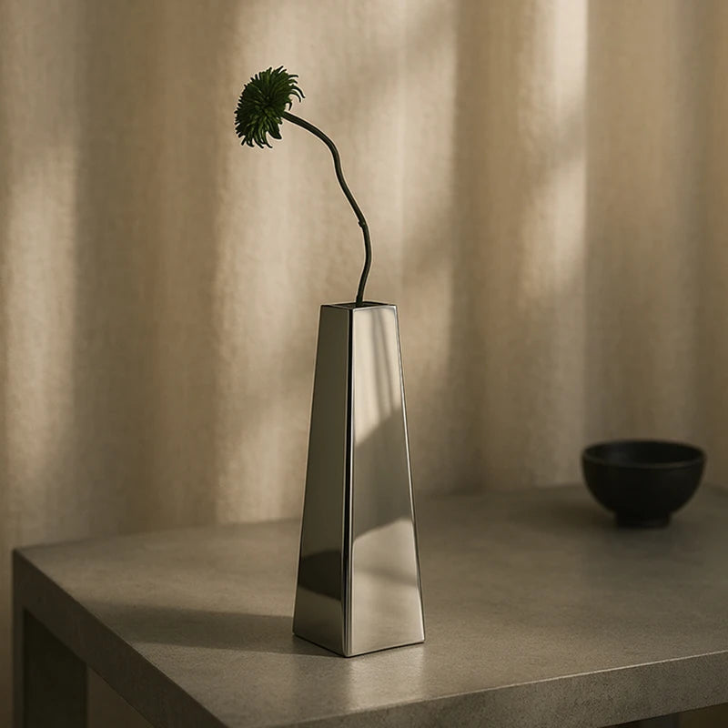 vases modernes acier inoxydable arrangement fleurs hydroponiques wabisabi décoration intérieure table maison