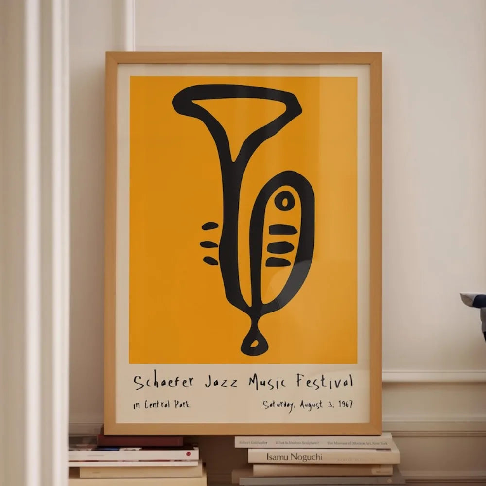 affiche abstraite jazz festival moderne minimaliste jaune noir encre imperméable toile rectangle vertical