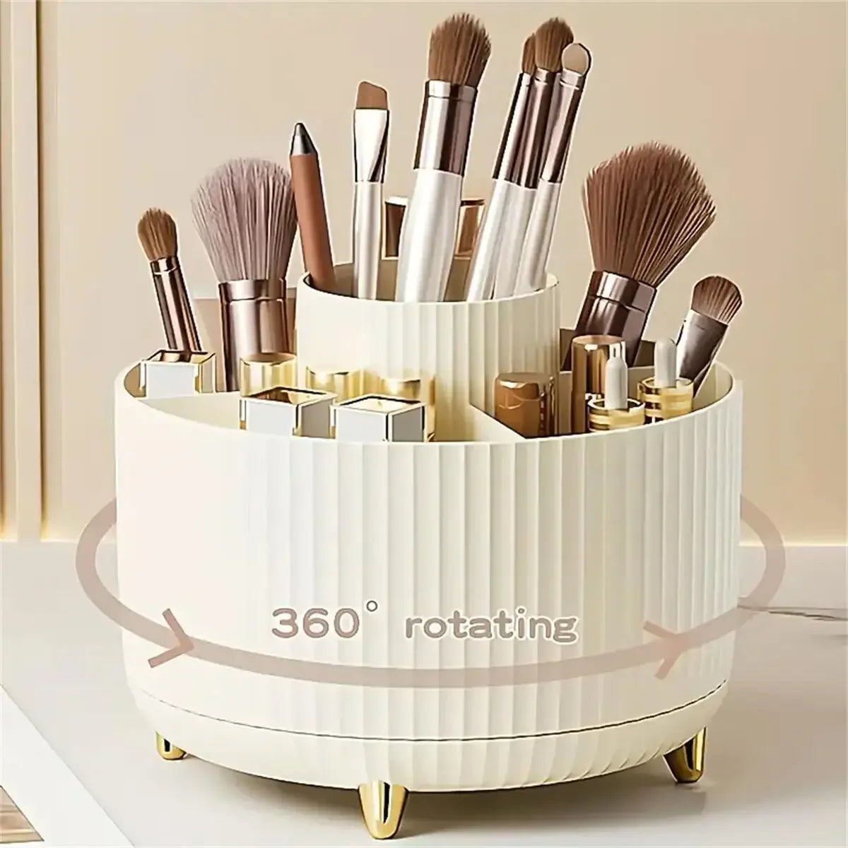 organisateur maquillage rotatif blanc rayures modernes pieds dorés pinceaux crayons stylos scies