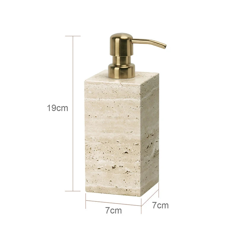 ensemble accessoires salle bain travertin beige distributeur savon plateau pot coton diffuseur moderne