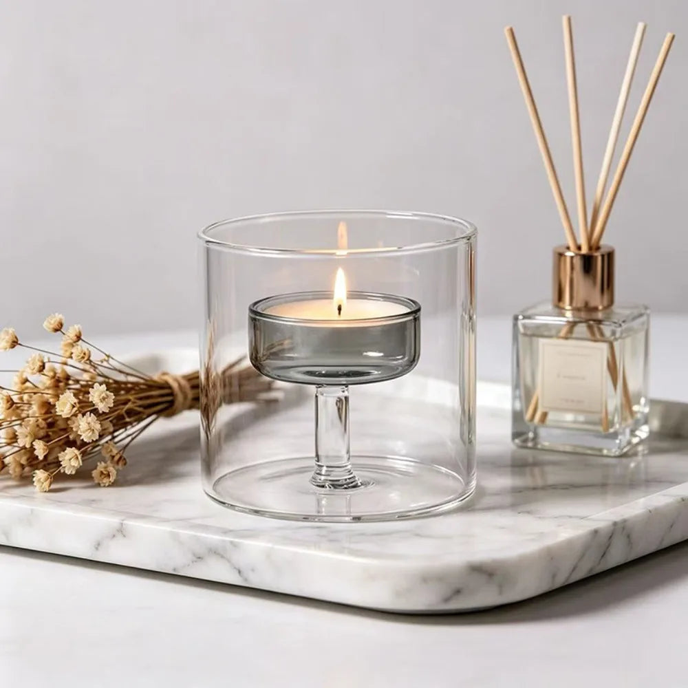 bougeoir transparent moderne bougie parfumée pied central rose minimaliste