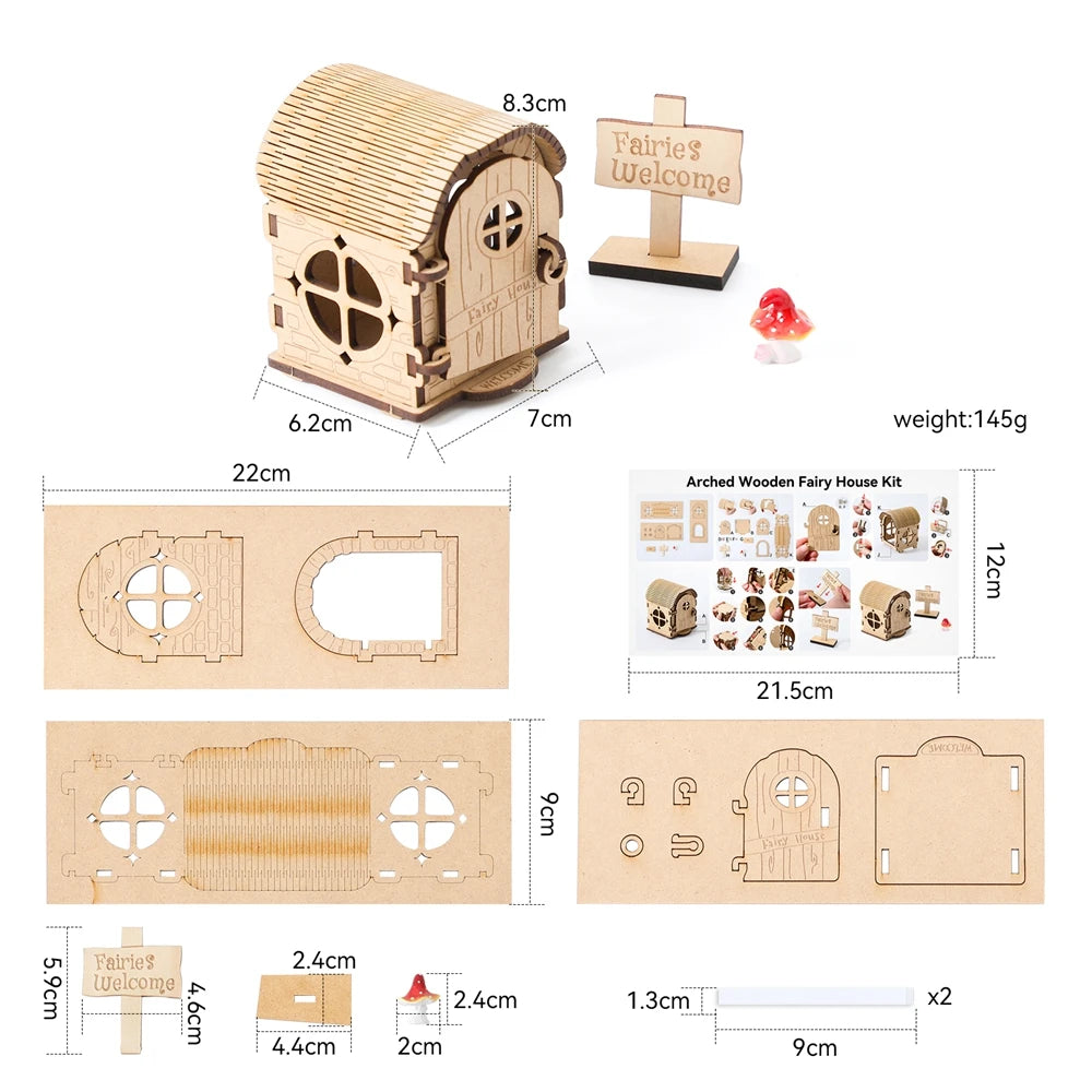 maison miniature fées bois naturel vert brun motifs géométriques rustique artisanal