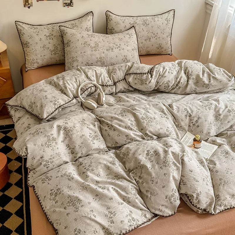 drap housse coton floral vintage motif fleuri couverture lit taies oreillers beige clair 180x220cm