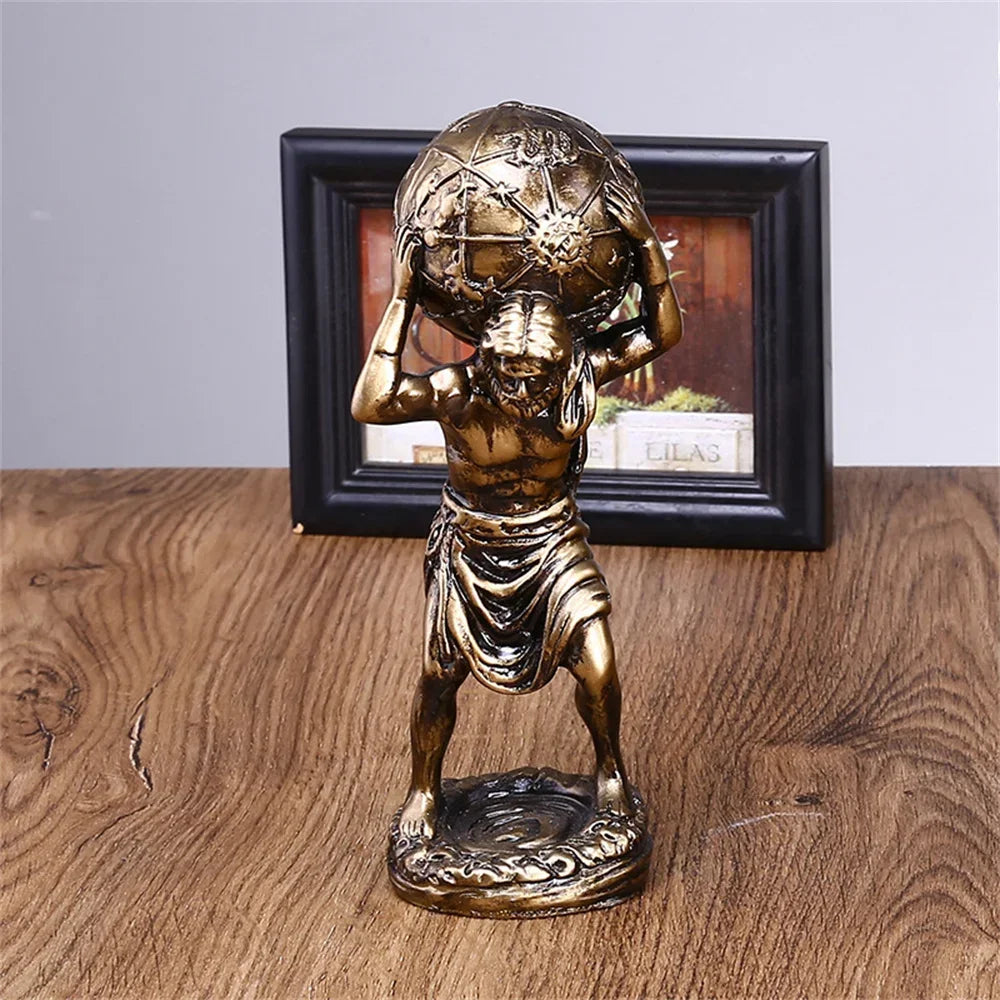 statue grecque atlas résine bronze doré détail homme globe terrestre décor maison