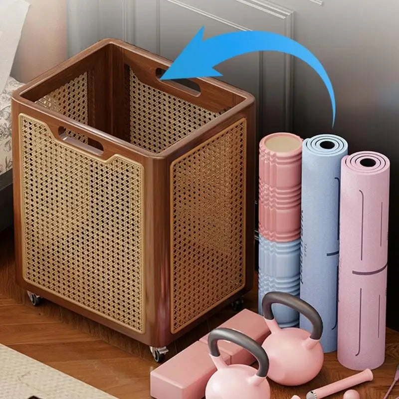 panier tressé moderne roulettes rangement marron foncé utilisation multiple bois chambre coucher salle bain