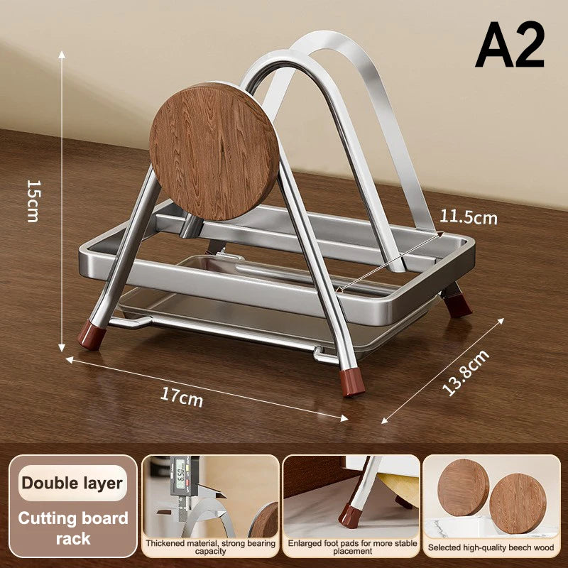 porte planches découper acier inoxydable bois finition brillante moderne réutilisable multifonctionalité fixations articulées argent