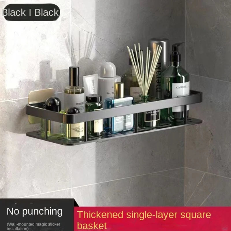 étagère douche adhésive moderne noir mat bouteilles parfum flacons lotions sprays brosses