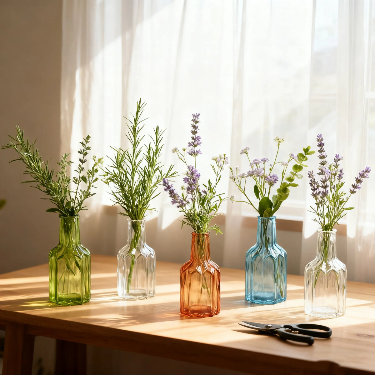 vases verre modernes transparents rayures fleurs artificielles couleurs vert orange bleu gris décoration maison