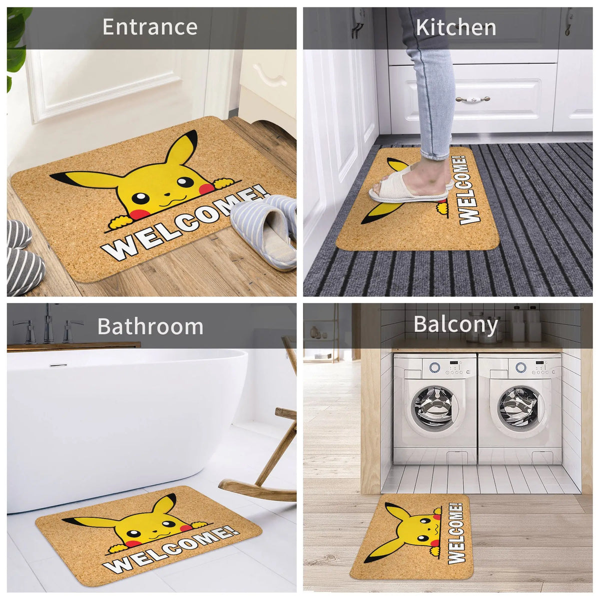 tapis d'entrée pikachu welcome flanelle jaune noir blanc moderne cartoon adhésif
