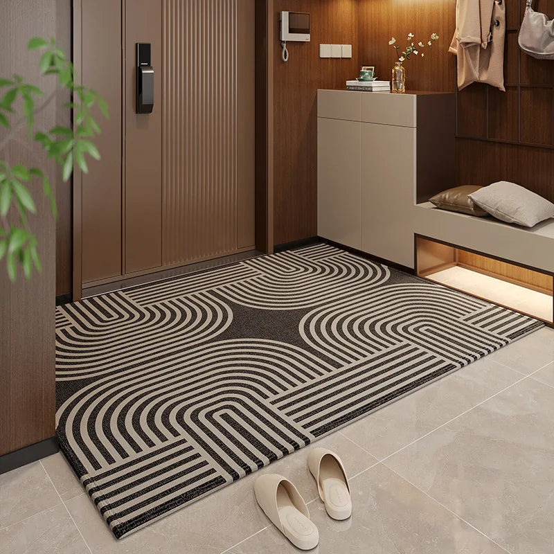 tapis porte intérieur moderne noir beige motif rayures géométriques antidérapant lavable salon maison