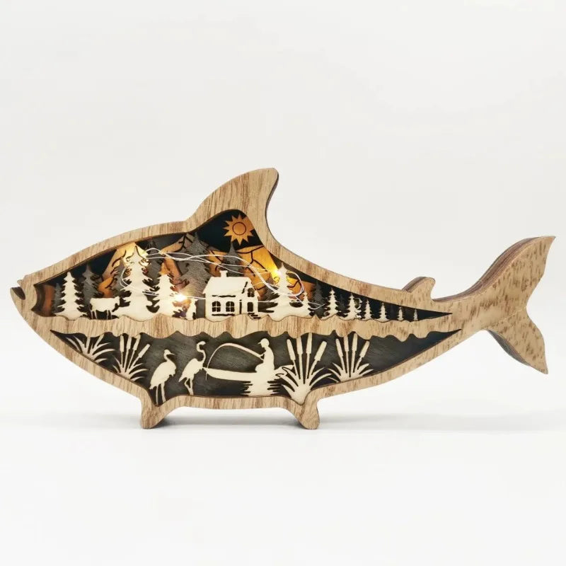 lampe décorative artisanale thème marin poissons étoiles mer coquillages lumière bois naturel bleu vert
