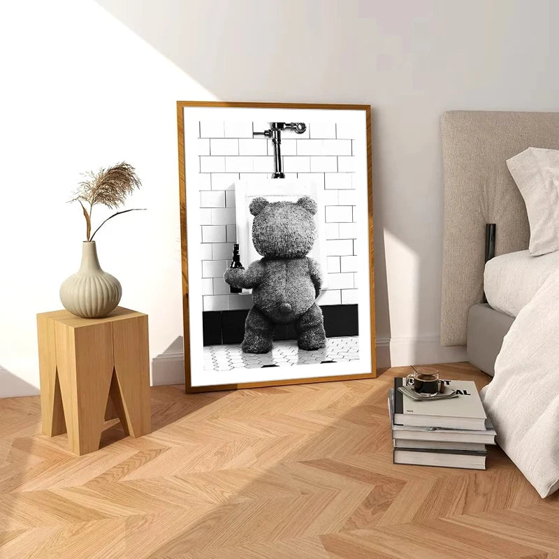 affiche décoration salle bains ours mignon noir blanc impression toile sans cadre dimension 20x30cm
