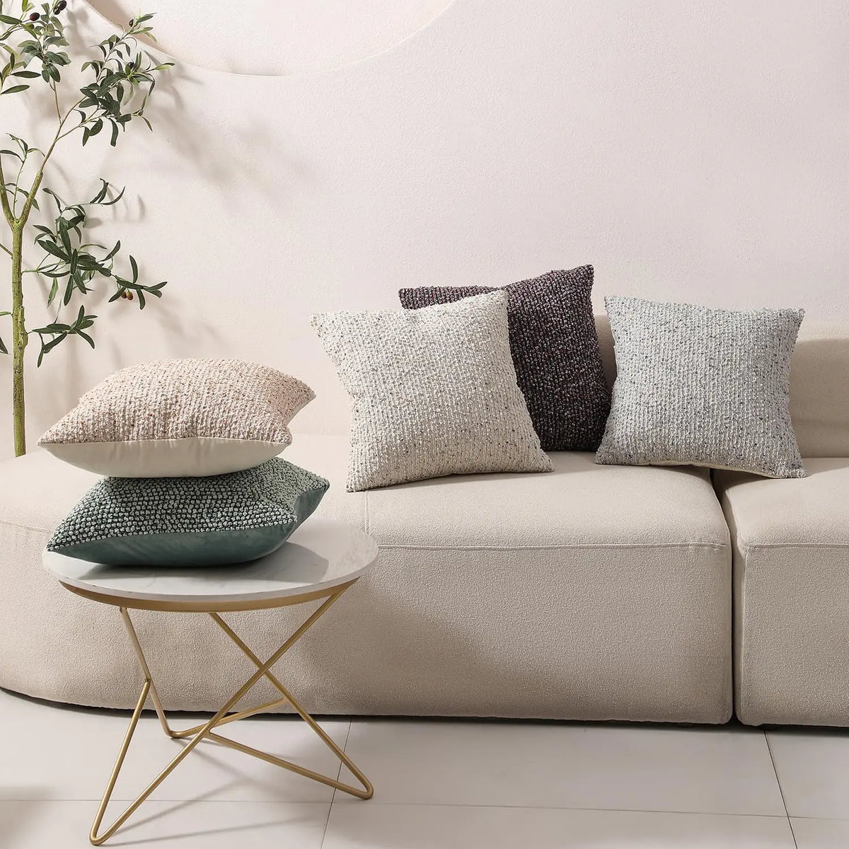 lot housses coussin carrées beige texture boucle rustique décoratif