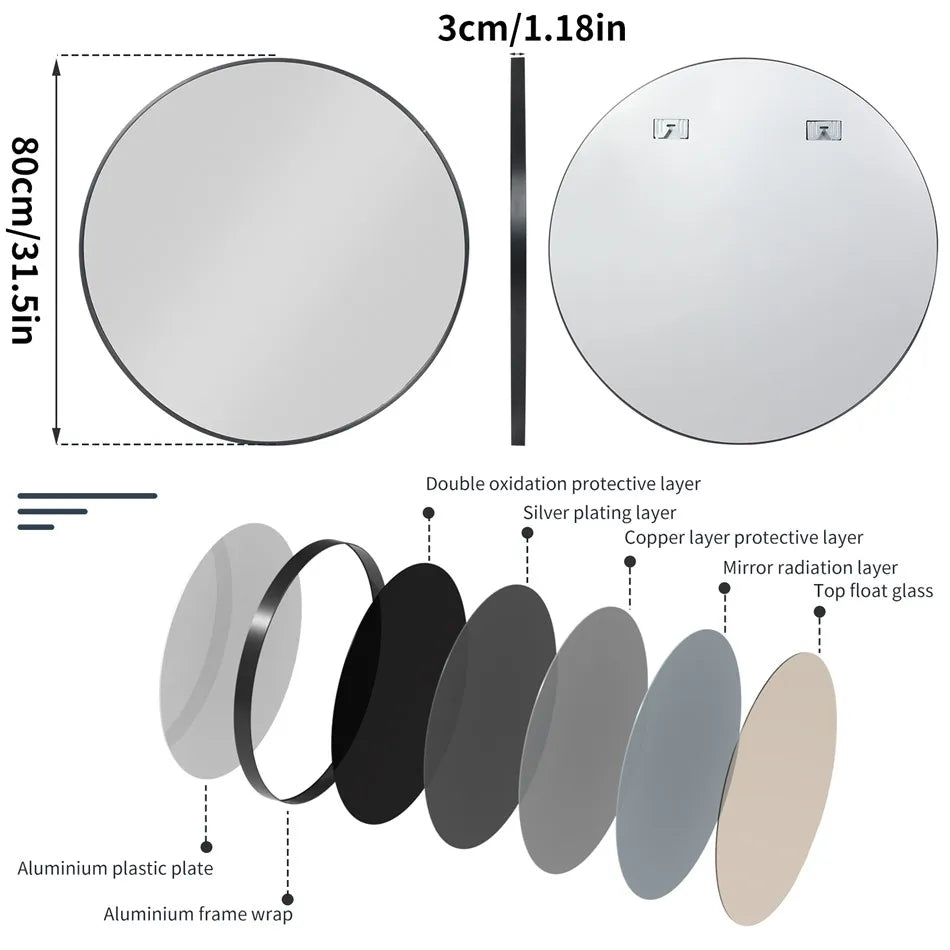 Un miroir rond en aluminium avec un cadre assorti, orné de diverses couches de protection et de finition pour une réflexion de haute qualité.
