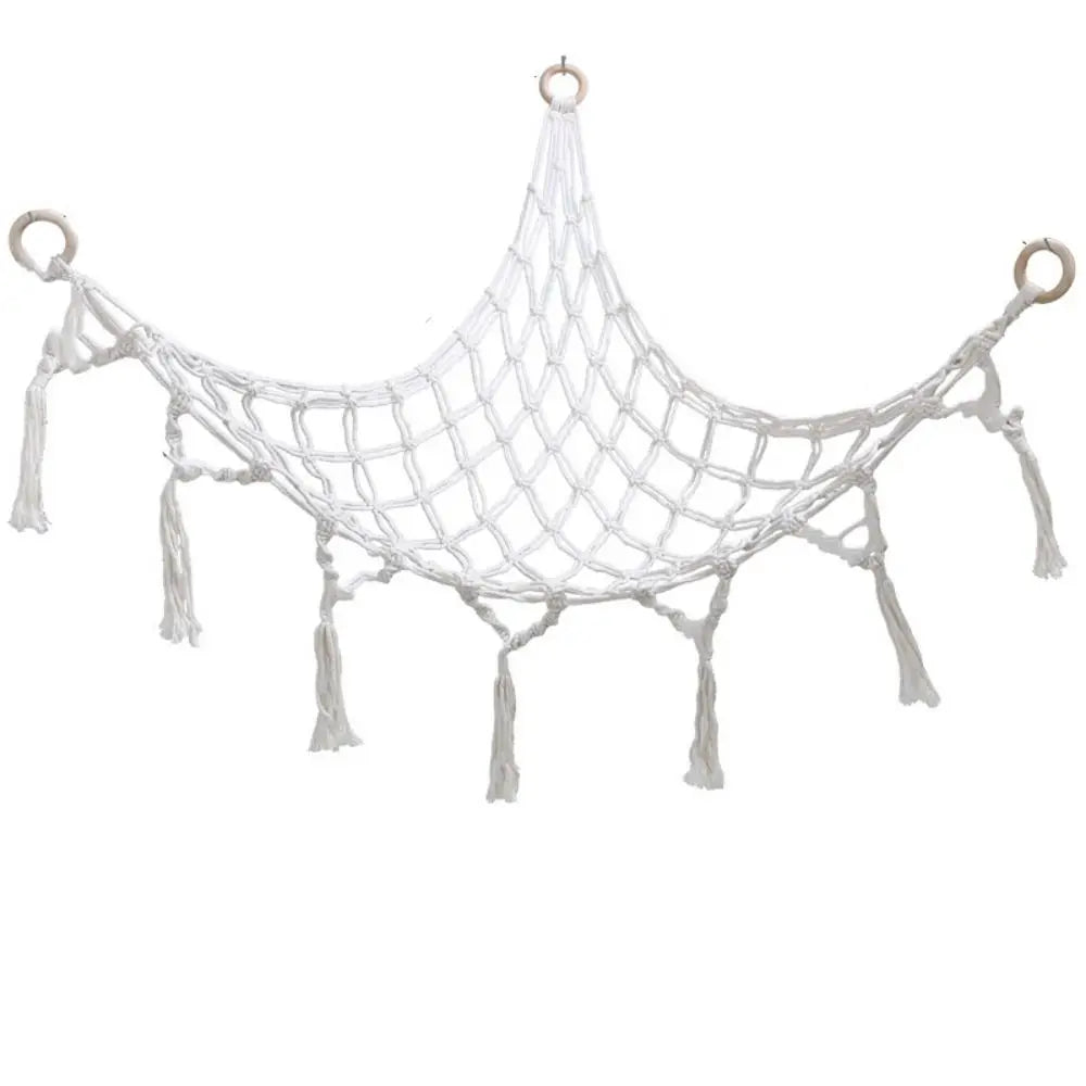 filet suspendu rose blanc maille régulière franges anneaux métalliques réutilisable créatif artisanal