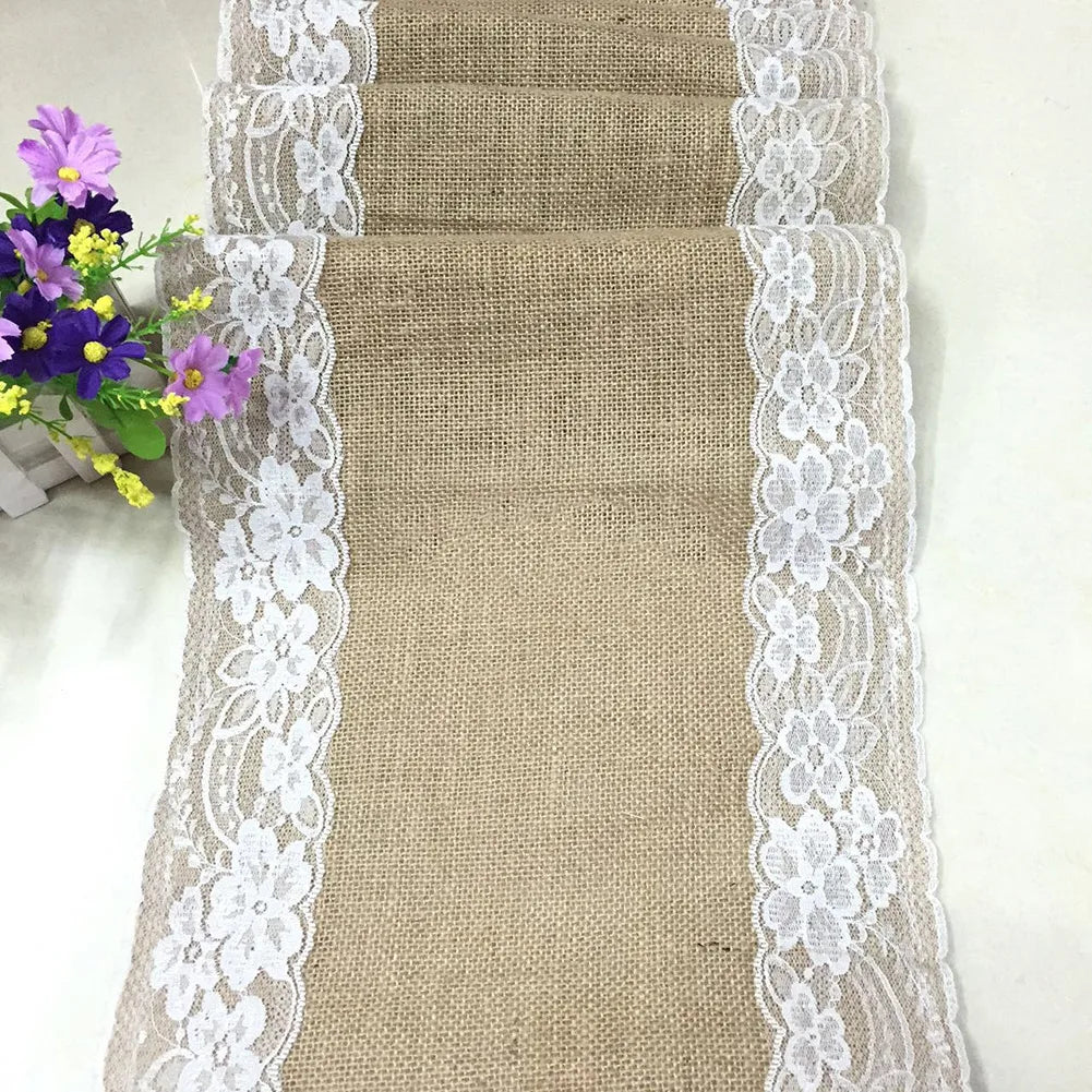 nappe table vintage jute lin dentelle bordure fleurs artificielles rustique cuisine salle manger